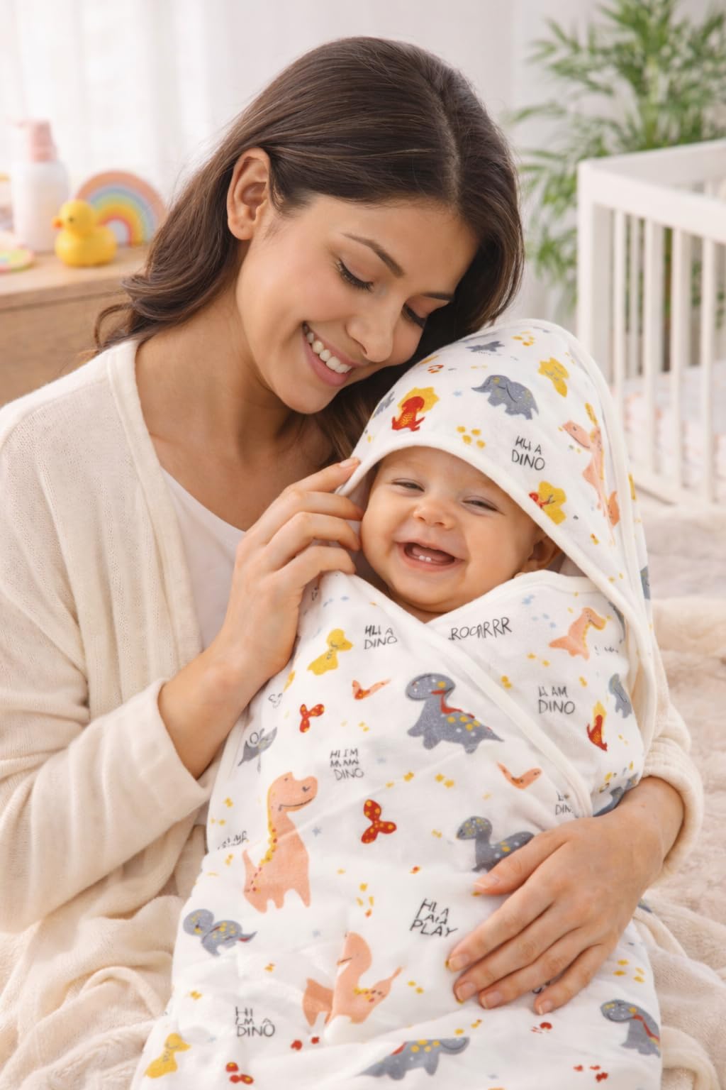 MomNess Baby Hooded Wrapper for Newborn, 100% Muslin Cotton Hooded Towel & Blanket, 75×75 cm, 4 Ply, Ultra Soft & Absorbent Bath Towel for Infants & Toddler, Natural Dyes, Pack of 1 (Dino) 1