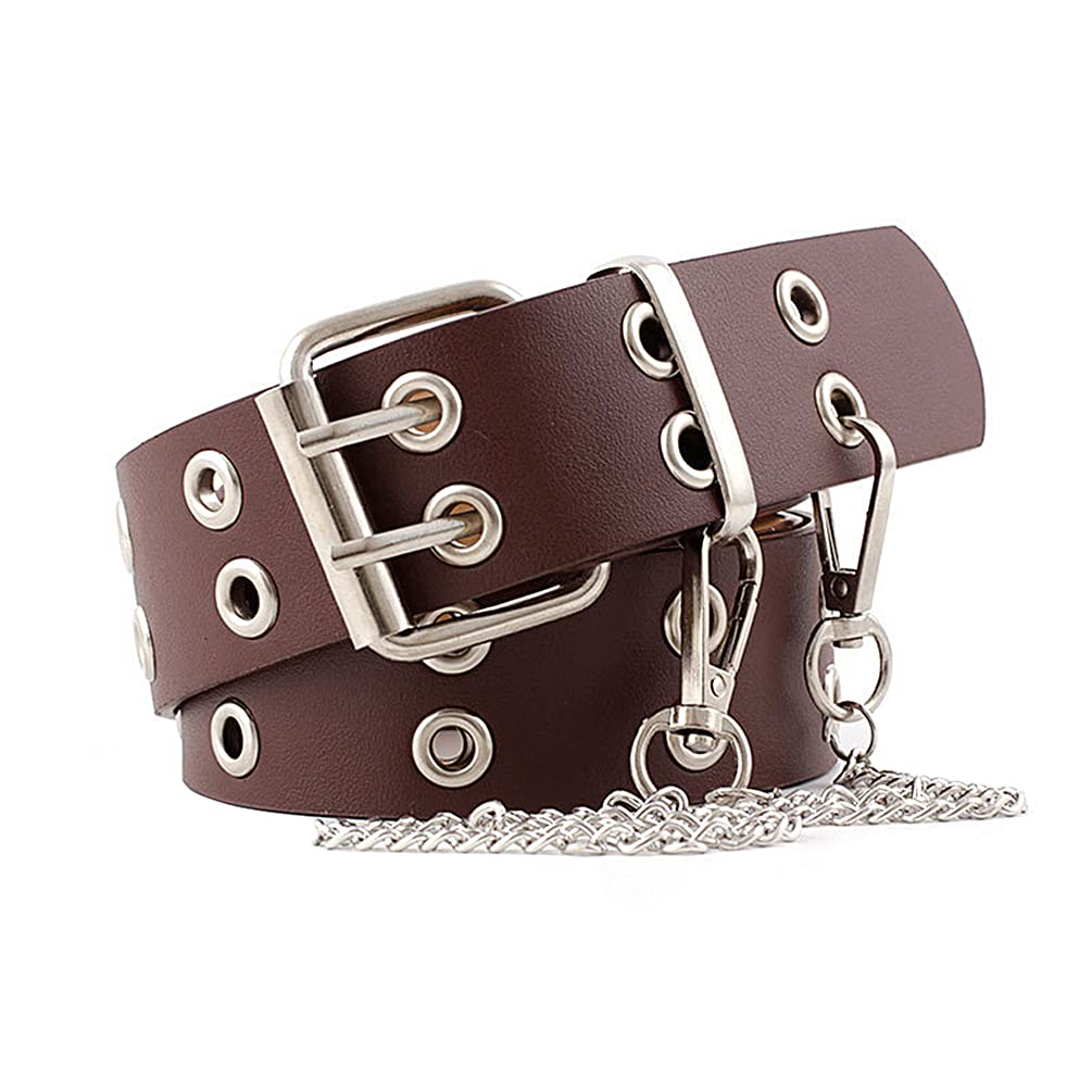 Junhouse Double Grommet Belt with Chain Eyelet PU Leather Punk Studded Belt 2 Hole Grommet Jeans Belt with Metal Detachable Jean Chain for Women Men (Coffee with Chain)