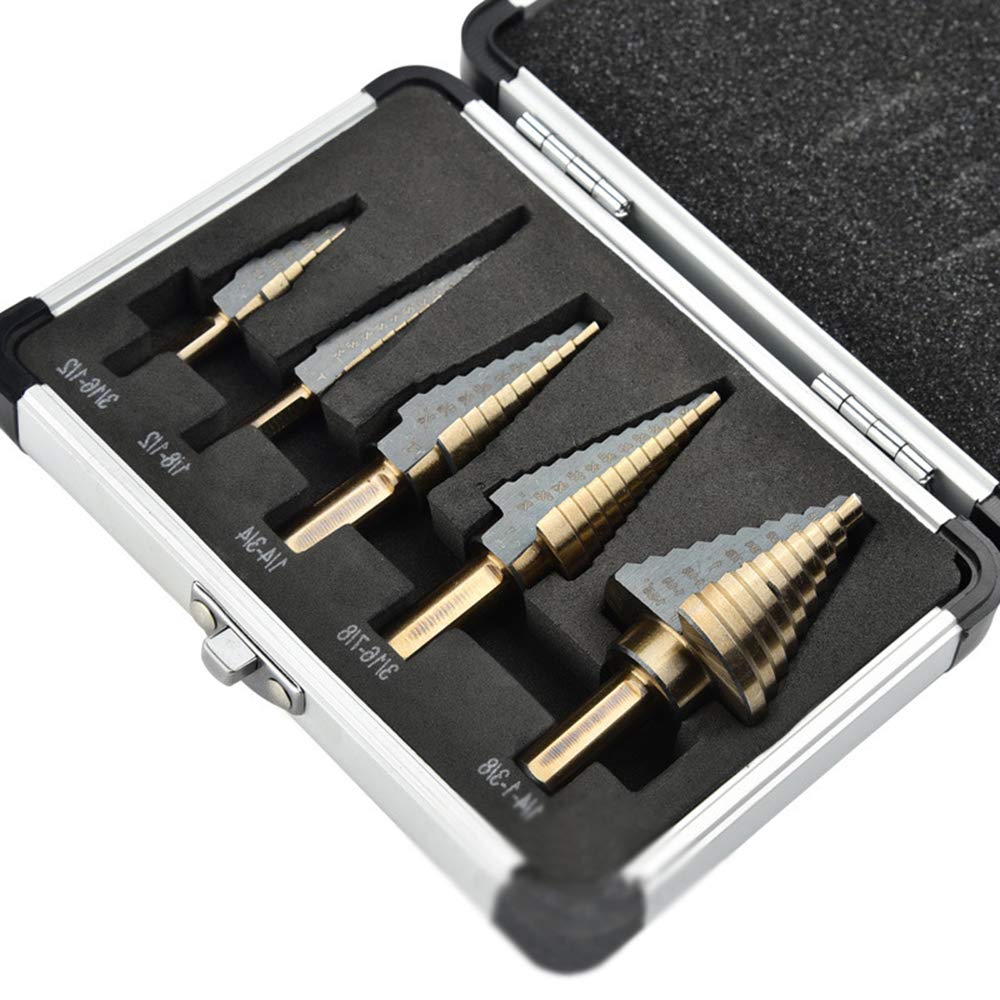 HSS Titanio Broca Escalonada 5 piezas 1/4-1-3/8 "3/16-7/8" 1/4-3/4 "1/8-1/2" 3/16-1/2" Multifunción Pagoda Taladro Brocas Metal Drill con Caja de Aluminio DC14