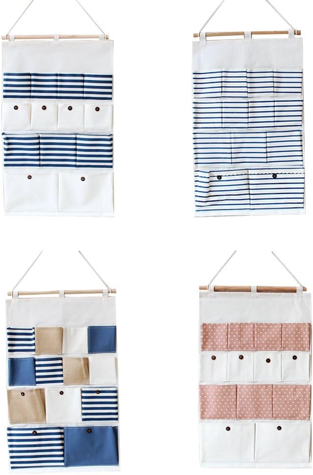 Hanging Shelves Linen/Cotton Fabric 13 Pocket Wall Mounted Closet Storage Bag Organizer (13 Blue Bars)