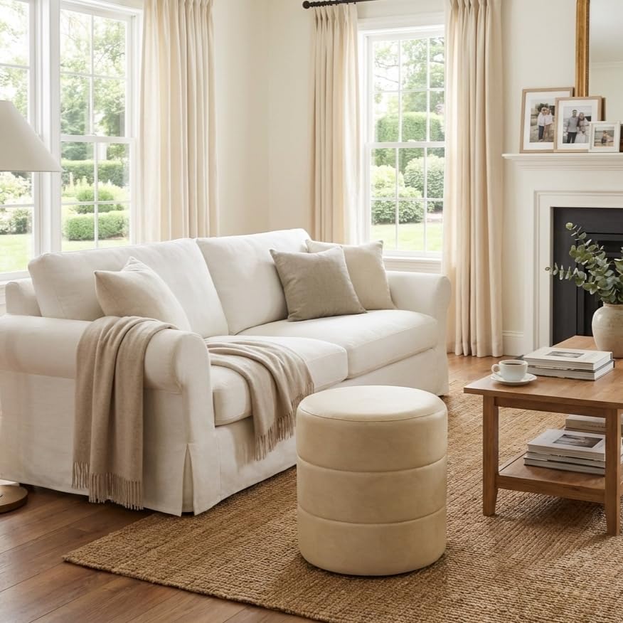 Image of HomePop 18 inch Round Ottoman - Cream Faux Leather