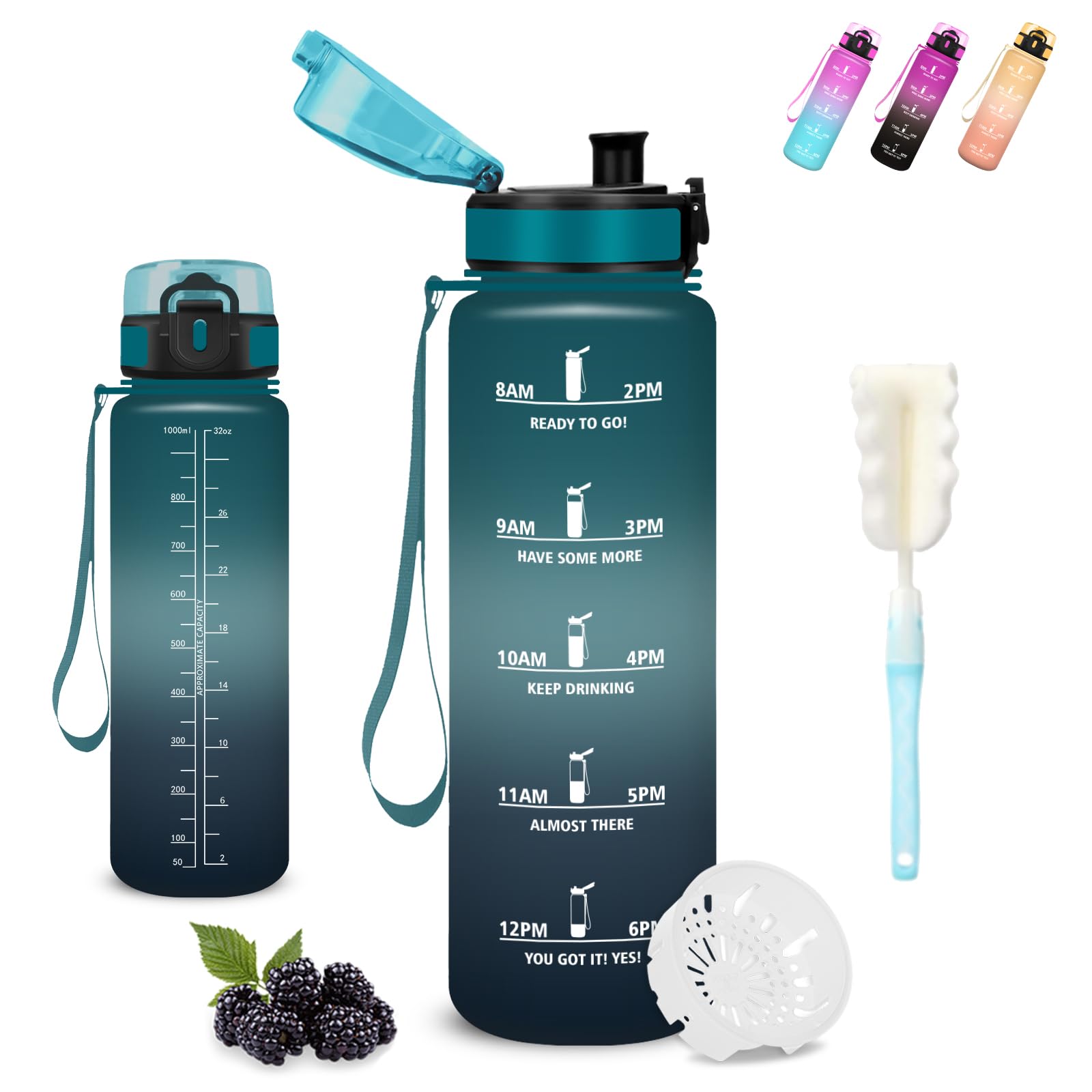 Mujigaga Borraccia 1 litro, Borraccia Palestra, Senza Perdite, Borraccie Motivazionale, Facile da Pulire, Borraccie con Orari per Bere, Bottiglie Acqua con Scovolino in Spugna, per Yoga, Campeggio - 2