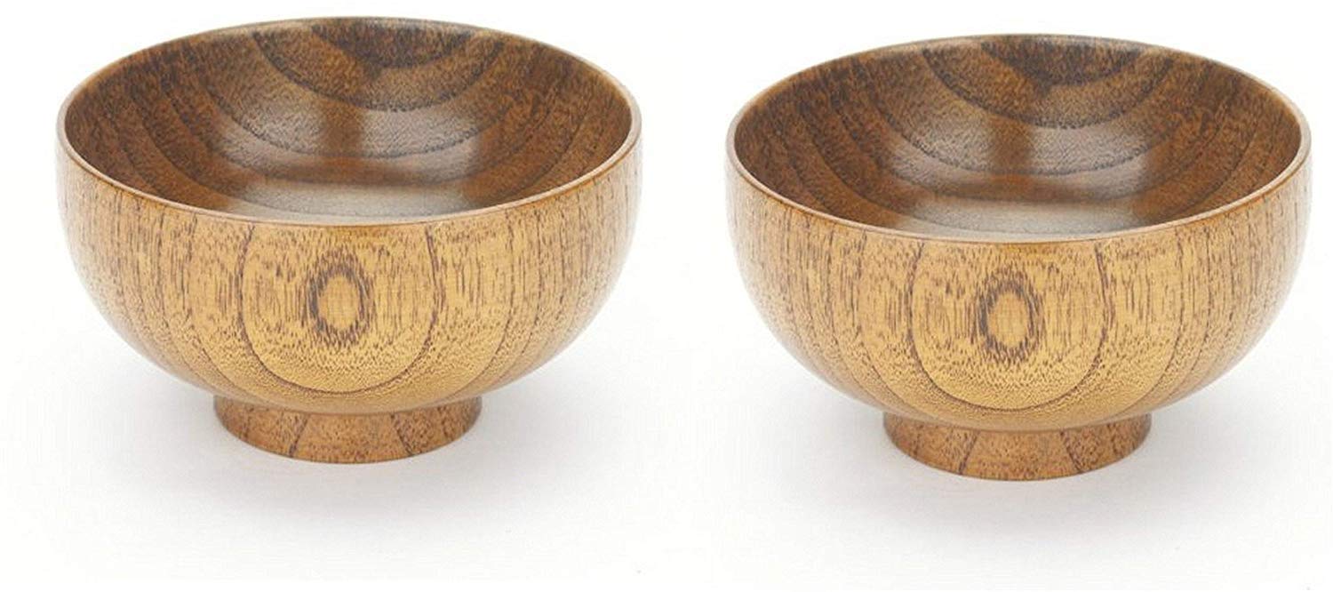 JapanBargain1653, Set of 2 Wooden Bowls Japanese Zen Style Rice Bowl Miso Soup Soup Dessert Bowls Salad Snack Bowls
