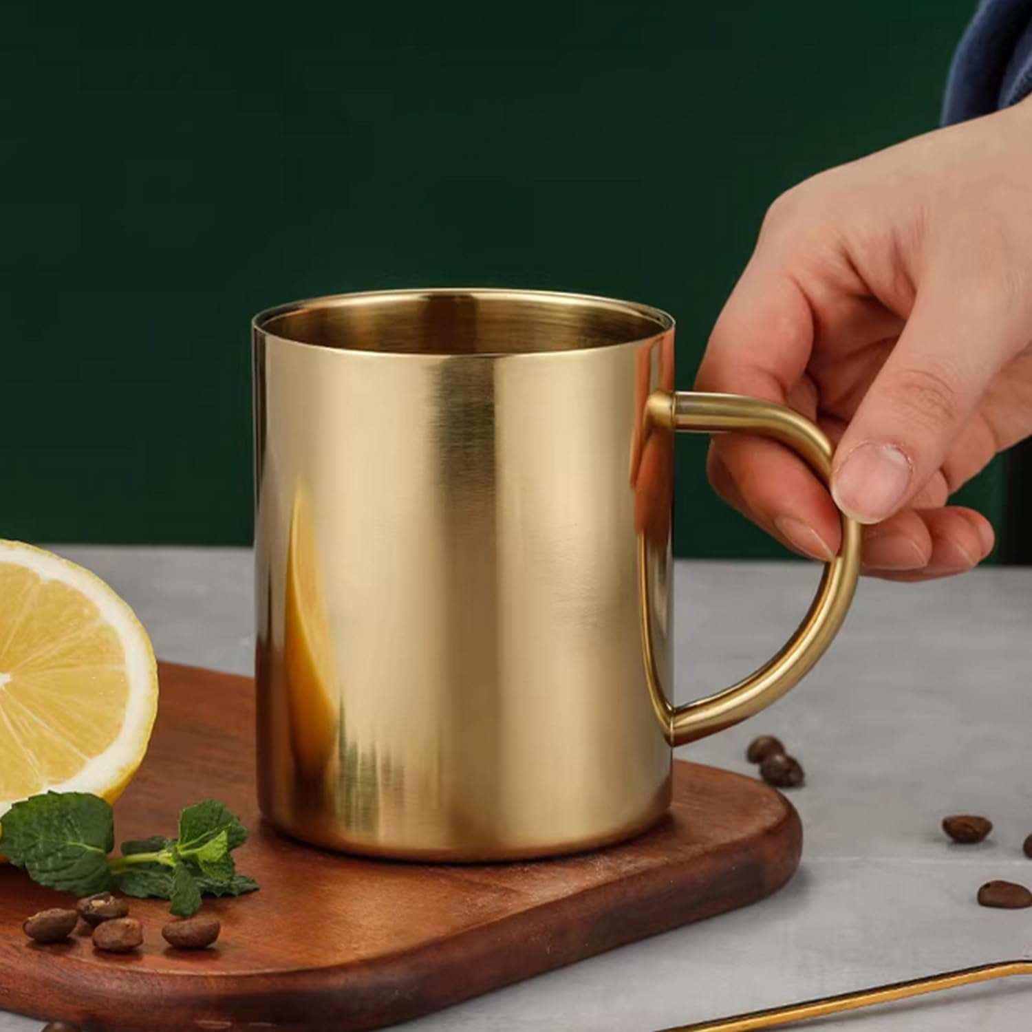 Stainless Steel Coffee Mug, 14oz/400ml Double Walled Drinking Cup Heat Insulated Milk Tea Cup with Handle for Hot or Cold Beverages Gold