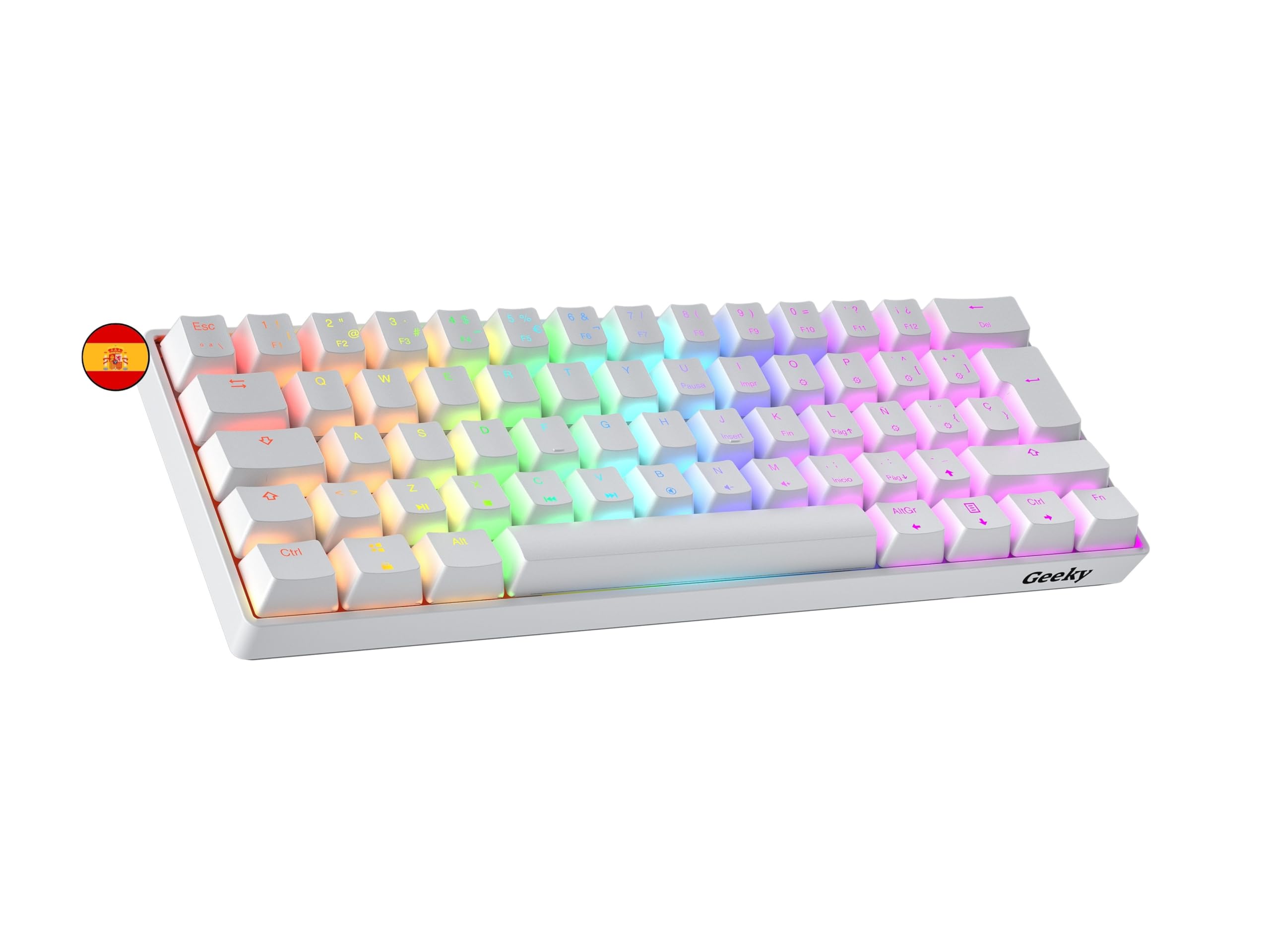 Geeky GK61 60% | Hot Swappable Teclado Mecánico de Juego | 62 Teclas Multicolor RGB LED Retroiluminado para Gaming PC/Mac | ISO ES Teclado Español + LATAM (Blanco, Mechanical Brown)