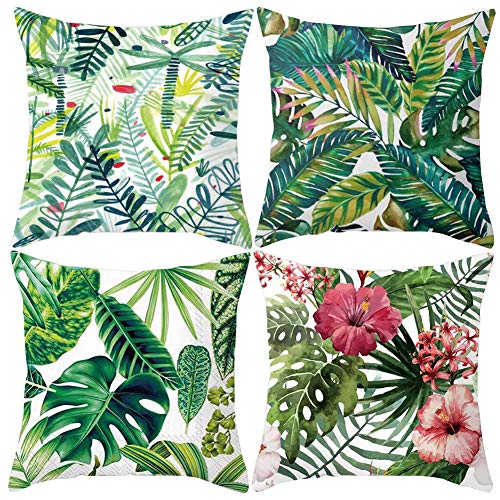 JOTOM Funda de Almohada para Cojín de Lino y Poliéster para Sofa,Cama,Silla Decorativo 45 x 45 cm,Juego de 4 (Hoja Verde) Cover