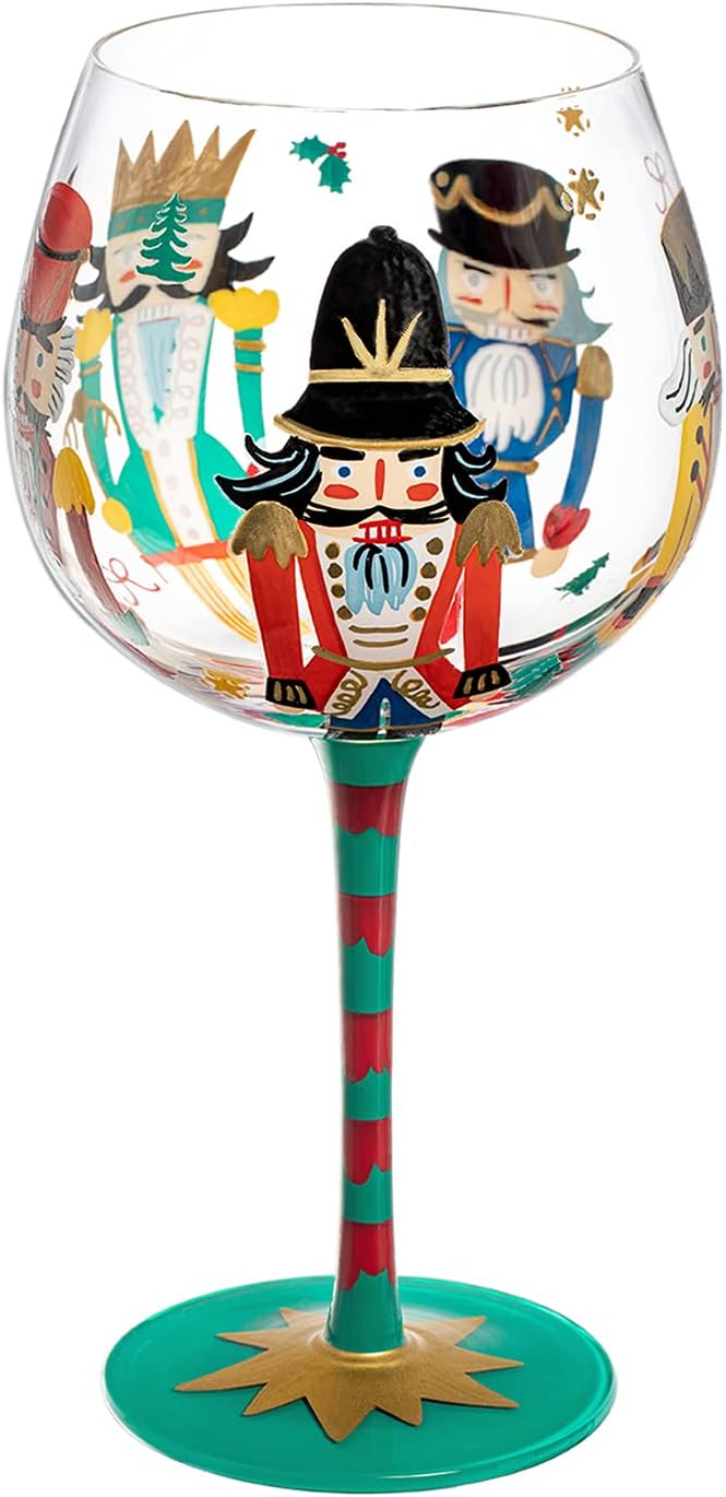 NymphFable Wine Balloon Hand Painted Nutcrackers Christmas Wine Glass 20oz Glassware Christmas Gift for Family Friend