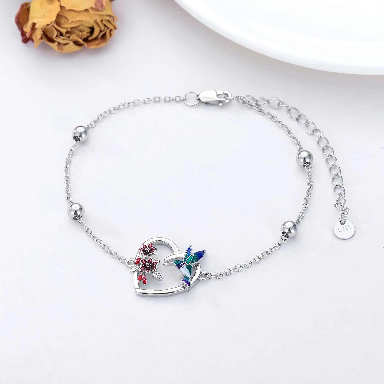 LONAGO Hummingbird Bracelet Sterling Silver Hummingbird Link Adjustable Bracelet Jewelry Gift for Women
