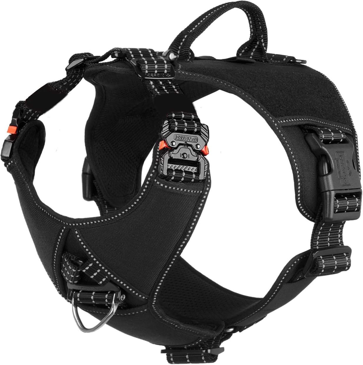 ICEFANG GN8 Quick-Moving Tactical Dog Harness with 2xMetal Buckles for X-Large Sized Dogs,Reflective K9 Vest,No-Pull Front Leash Clip,5-Points Adjustable Pet Harness (Black, X-Large (Pack of 1))