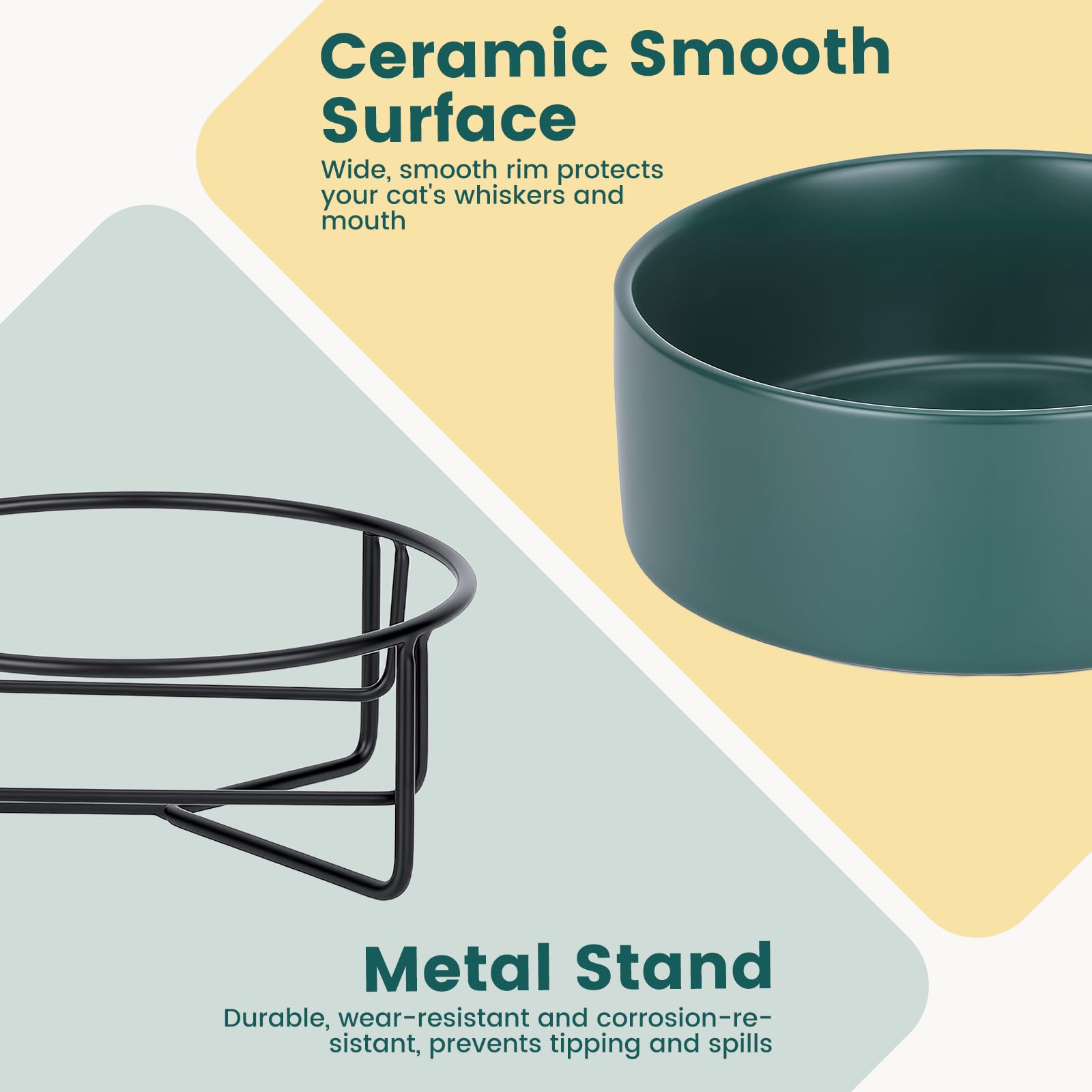 PETTOM Gamelle Chat Céramique Surélevée Double 2x400ml, Bol Chat avec Support Métal Anti Renversement pour Croquette Eau, Vert+Gris