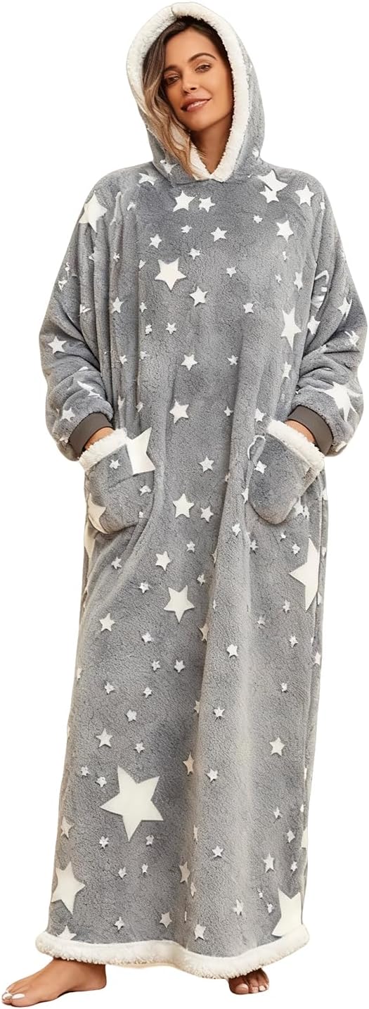 Oversized Wearable Hooded Blanket with Print Glow in The Dark Long Size(59in) Sherpa Warm Sweatshirt for Women