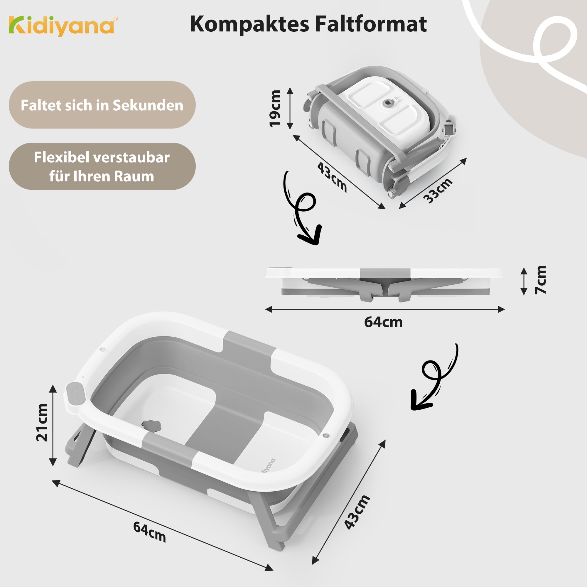 Baby Badewanne faltbar mit Gestell, stabil und rutschfest, platzsparend klappbar, mit Ablauf, PP & TPE, 30L, Babywanne kompakt tragbar, faltwanne, 0–3 Jahre