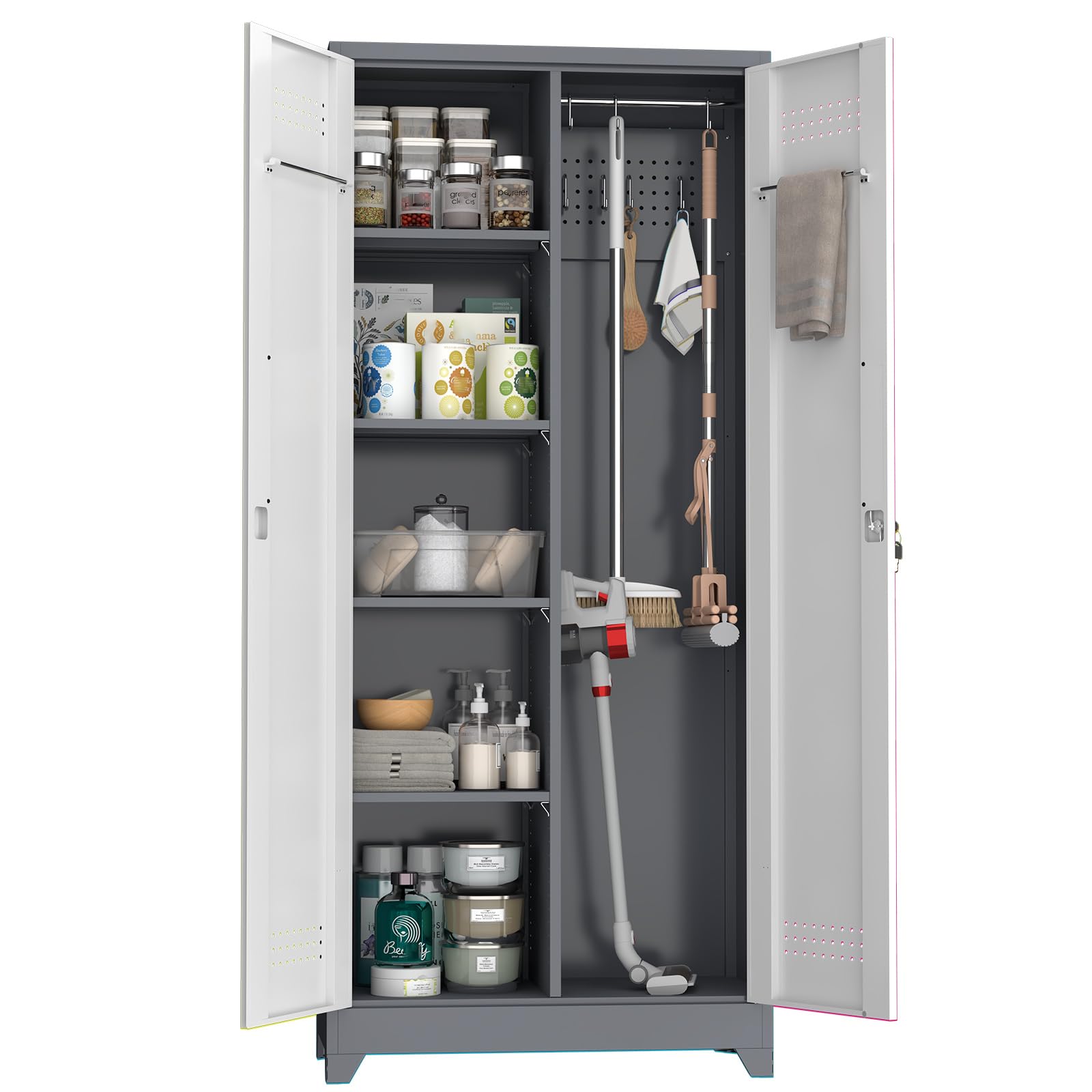 NICEGDLT 72" Metal Storage Cabinet with Lockable Doors, Functional Garage Storage Cabinets, Heavy-Duty Tool Organization Cabinet with Hanging Rod &
