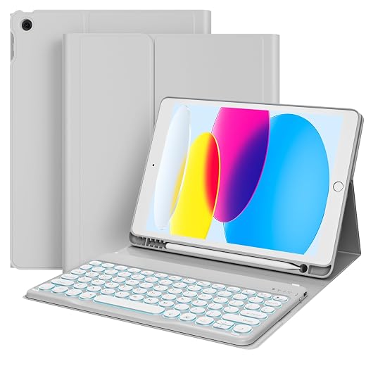 KenKe Case with Keyboard for iPad 9th/8th/7th Generation (2021/2020/2019) 10.2 Inch, Soft TPU Back with Pencil Holder, 7 Colors Backlit Detachable Wireless Bluetooth Round Key Keyboard, Gray