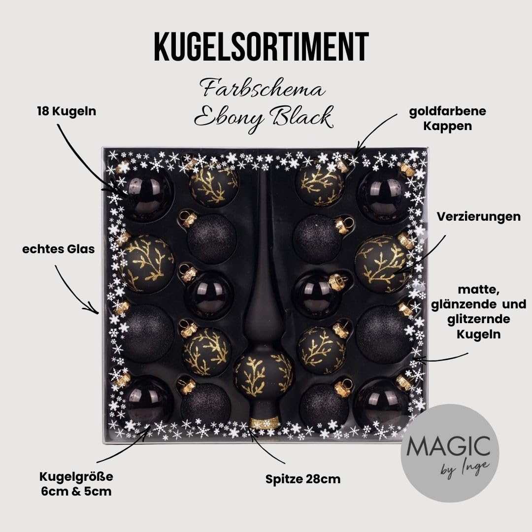 MAGIC Kugelsortiment Glas Dekor 19 TLG. mit Spitze Christbaumkugeln Christbaumschmuck Tannenbaum Deko Weihnachten Weihnachtskugeln (Ebony Black | schwarz)