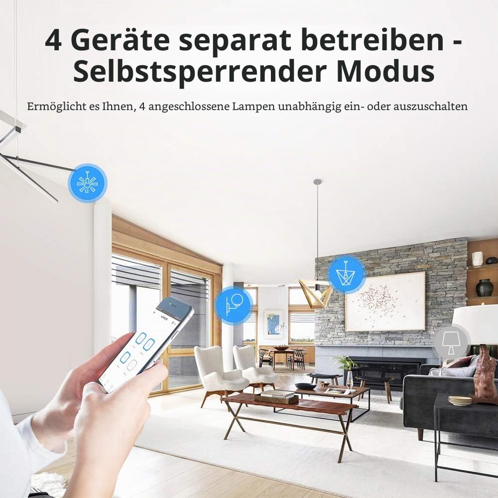 SONOFF 4CHPROR3 4-Gang Wi-Fi Smart Switch, Selbsthemmung,Verriegelung Und Inching-Modus,433MHz RF Remote Control,Ferngesteuertes Garagentor Und Rollläden, Funktioniert Mit Alexa, Google Home, IFTTT