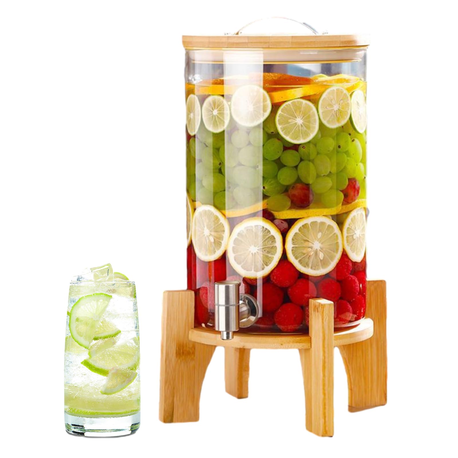 Dispensador de bebidas de vidrio con soporte y grifo, dispensador de bebidas de 8 L para limonada, jugo, agua, para fiestas y eventos, bebidas calientes o frías, diseño duradero