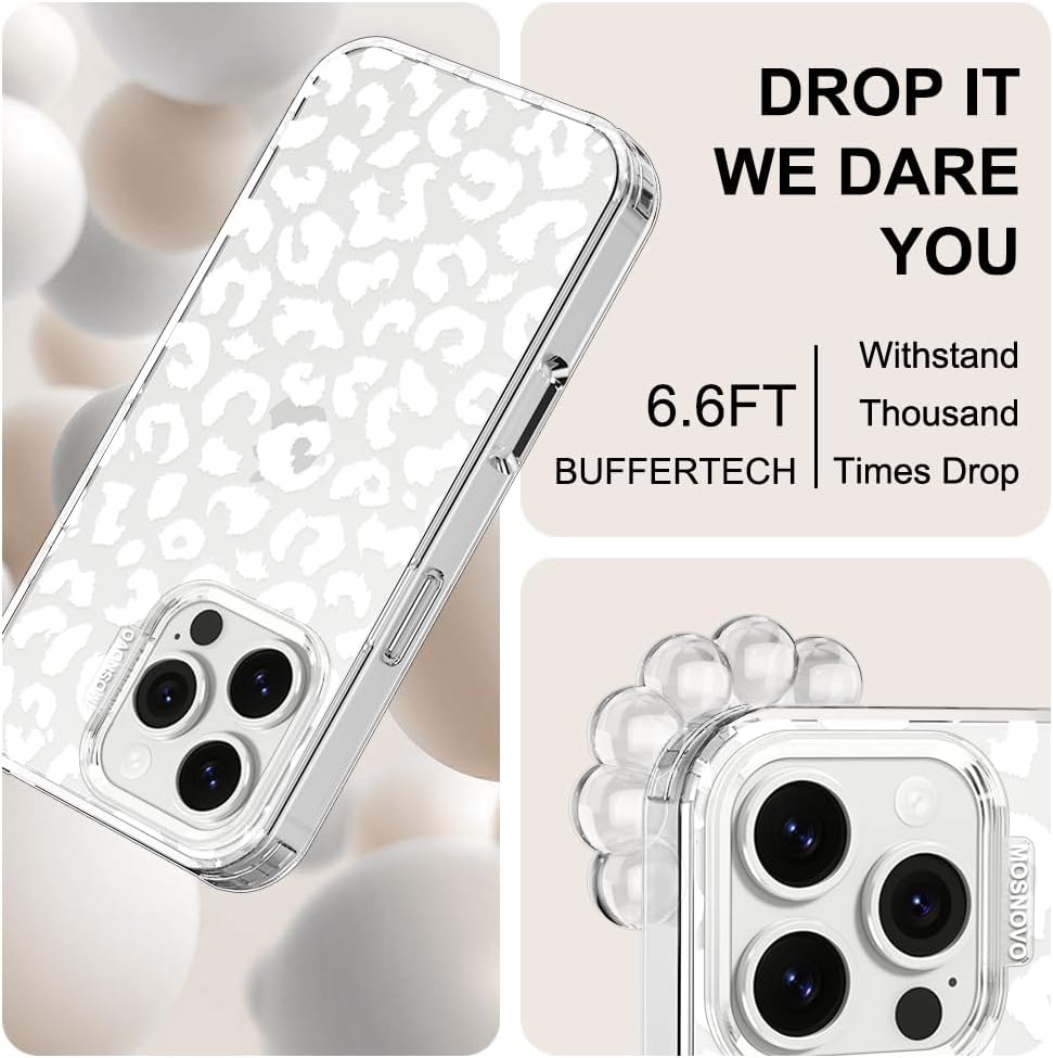 MOSNOVO Case for iPhone 16 Pro, [Buffertech 6.6ft Military-Grade Drop Protection] [Anti Peel Off Tech] Clear TPU Bumper Phone Case Cover Design - White Leopard Print - Image 5