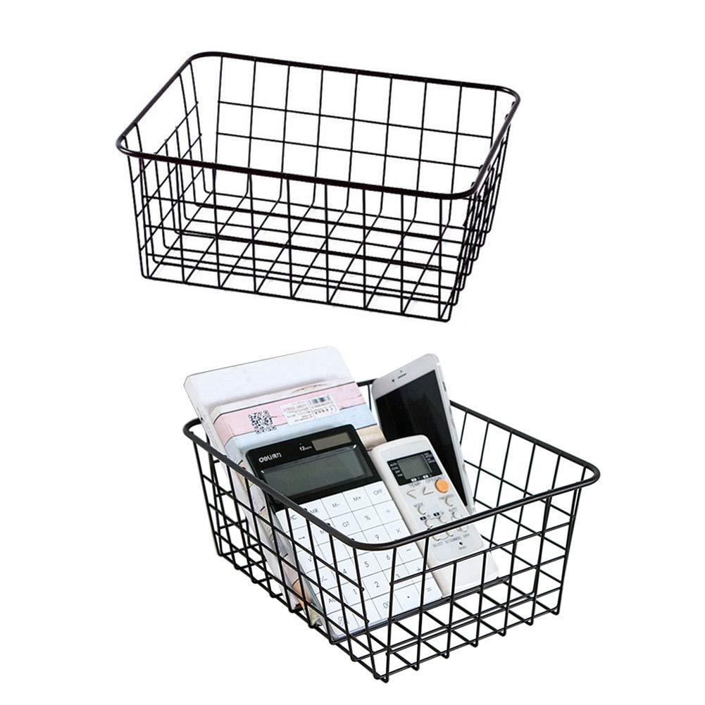 Metal Wire Storage Basket with Handles for Kitchen Food Pantry Papers Home Office Desk Shelf Bathroom Laundry Room Shelf Bedroom Bed Room, 2PCS (Black)