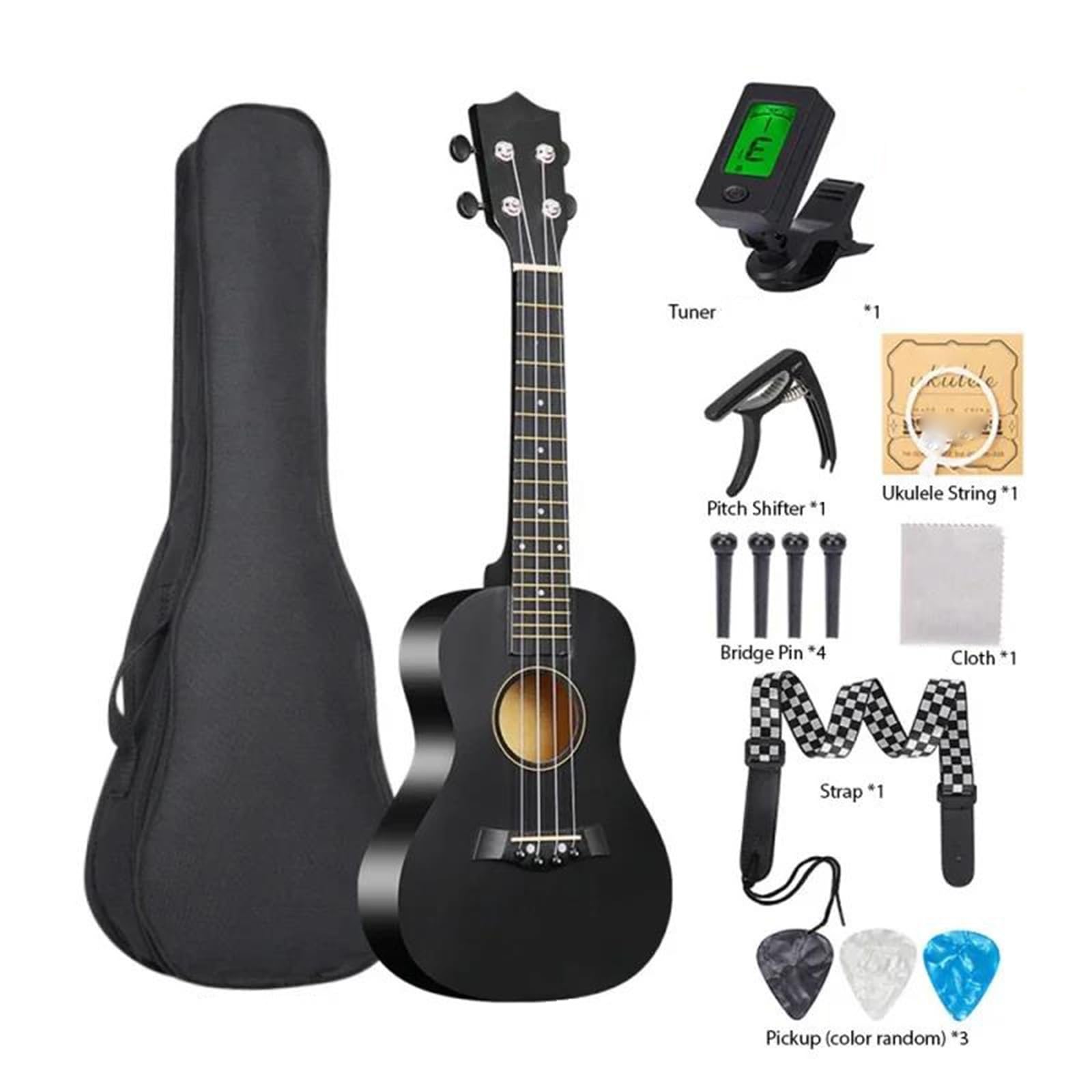 Leistungsart Ukulele 23 Zoll Akustik Ukulelen Set Mit Tasche Saiten Gurt Steg Nadel Kapodaster Plektrum Und Stimmgerät Für Anfänger(Black)