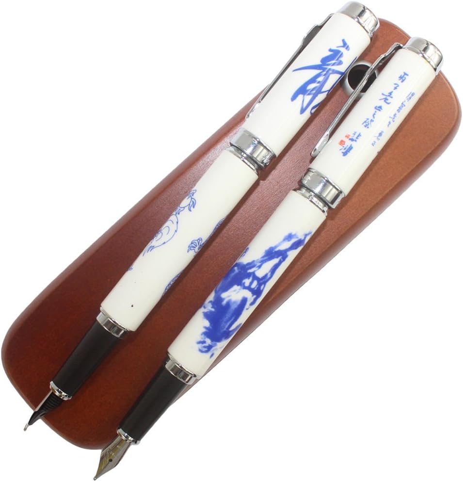 Gullor Luxury pens jinhao 950 blue and white porcelain horses and dragons and Chinese calligraphy + 2 branches Brown Wooden pen box