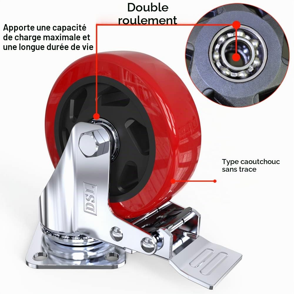 4 roulettes pivotantes résistantes à double roulement et frein 100 mm en caoutchouc pour chariot roulante jusqu’à 700 kg, pose libre (100mm (4'') - 4 x Brakes)