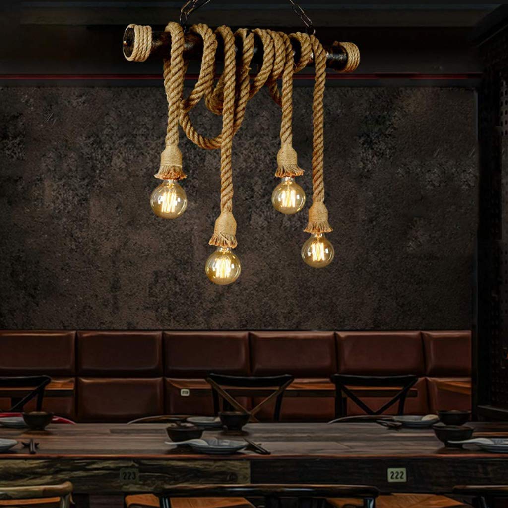 Lámparas De Araña Hierro Cuerda Cáñamo Industria Lámpara Colgante Retro E27*4 Araña De Luces Altura Ajustable Tejida A Mano Interior Living Iluminación Colgante Habitación Restaurante Bar