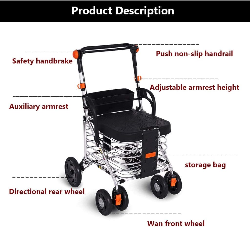 Feraiti Rollator Walker,Shopping Basket Cart Adjustable Height Rollator Easy to Fold with Breathable Seat Large Capacity Shopping Basket for Seniors and Adults Trolley Exercise Travelling -