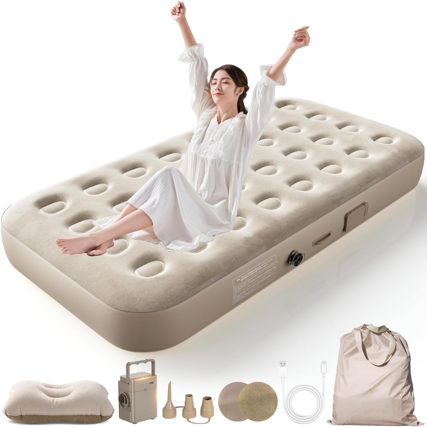 Colchon Inflables Individual, Colchón de Cama de Aire Suave con 1 Almohadas Hinchables, Incluye Bomba Eléctrica y Bolsa de Transporte Portátil, Cama Inflables para Hogar, Viajes y Camping(25CM)