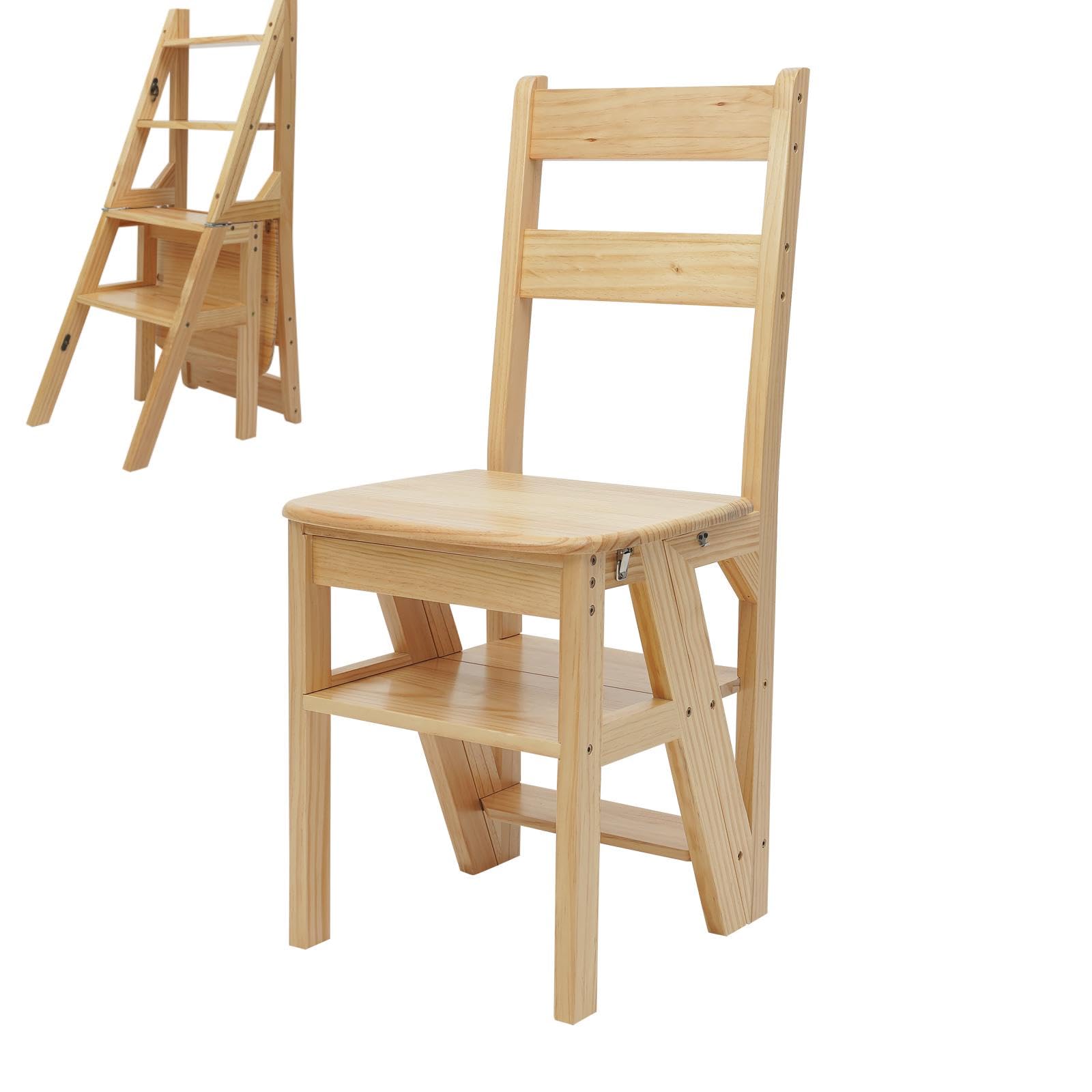 Taburete plegable de madera, 2 en 1, con cierres seguros, guante de protección, silla de escalera multifuncional para dormitorio, oficina, apartamento, cocina