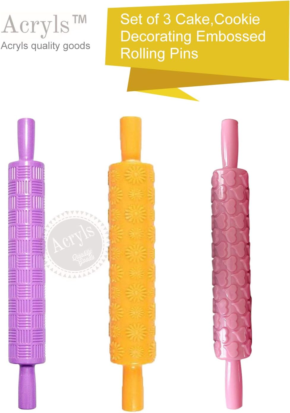 3Pcs Embossed Rolling pin, Plastic Pattern Rolling Pin Cake Embossing Roller Sugarcraft Decorating Rolling Pin DIY Kitchen Baking Tools