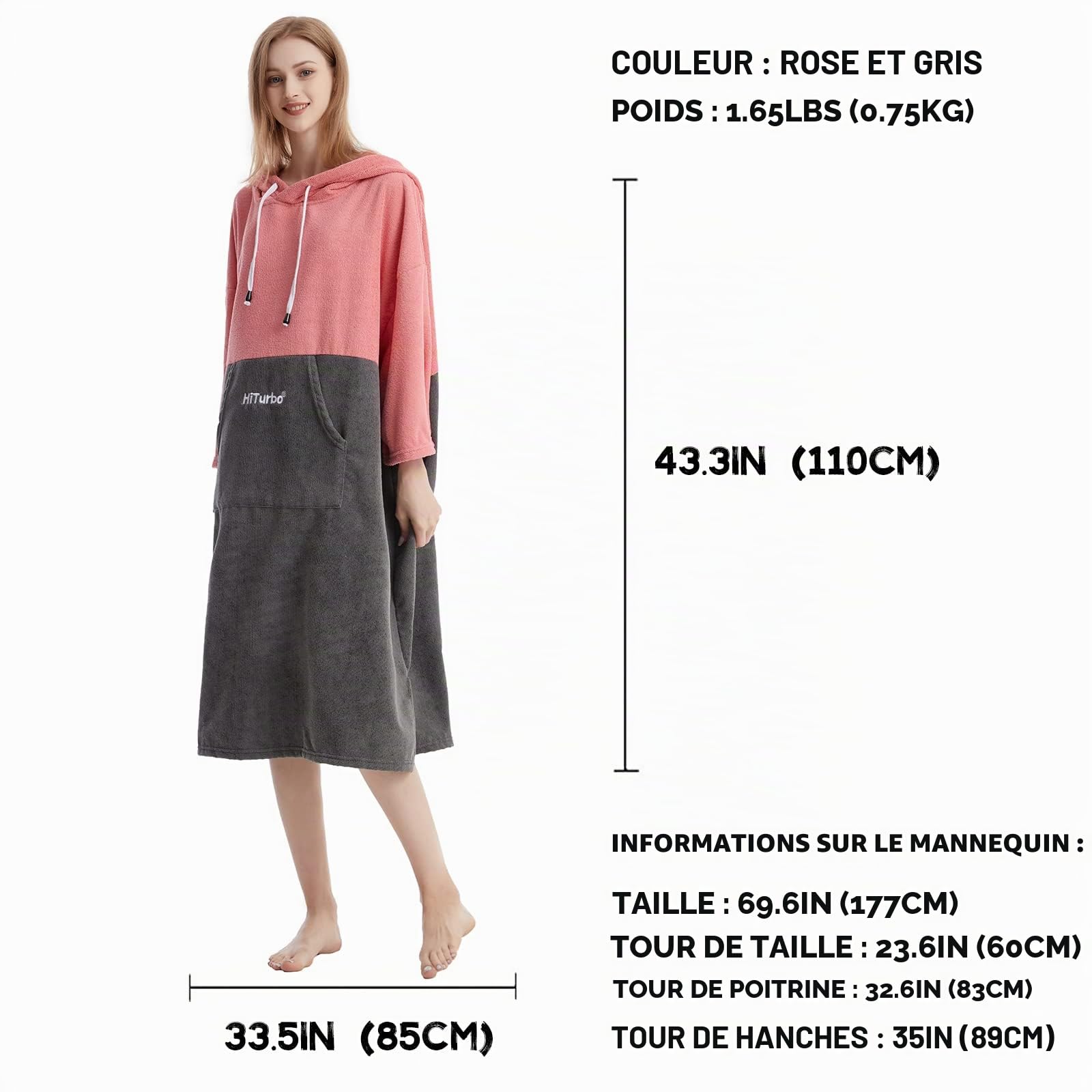 Hiturbo Peignoir à langer, poncho serviette de bain avec capuche pour plage, natation, surf, Rose et gris, taille unique