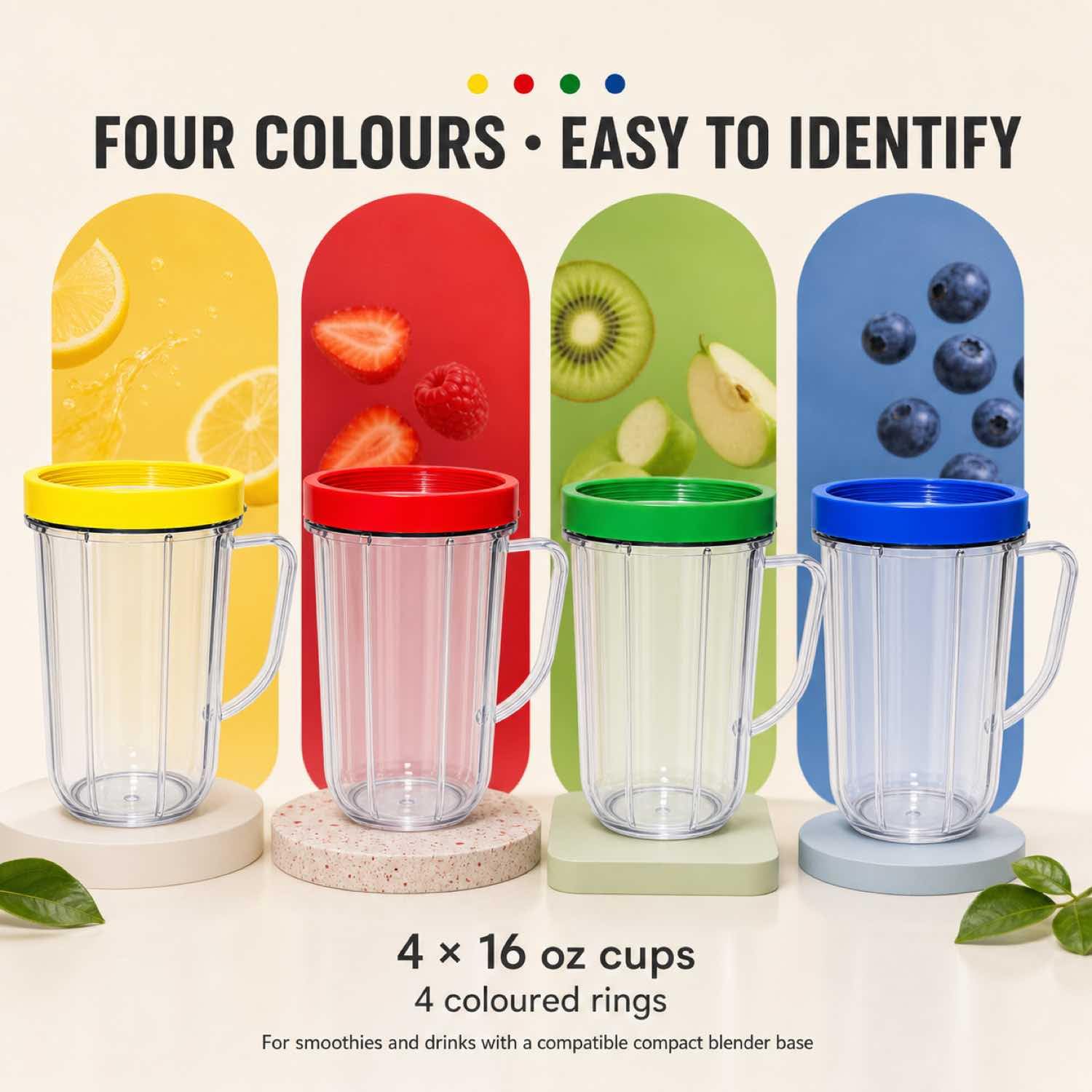 Kubki na imprezę 45 ml kubki z kolorowymi pierścieniami do ust, pasują do oryginalnych magicznych pocisków blender sokowirówka 250 W MB1001 4 szt