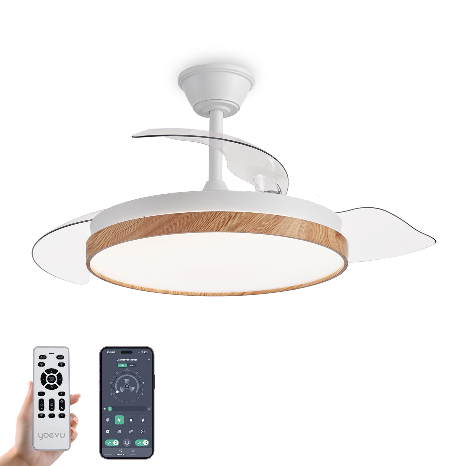 YOEVU EOS NATURE - Ventilador de Techo, Mando + APP Móvil | Luz LED Regulable | 72W | Control a distancia | Aspas retráctiles | Difusor Estilo Madera