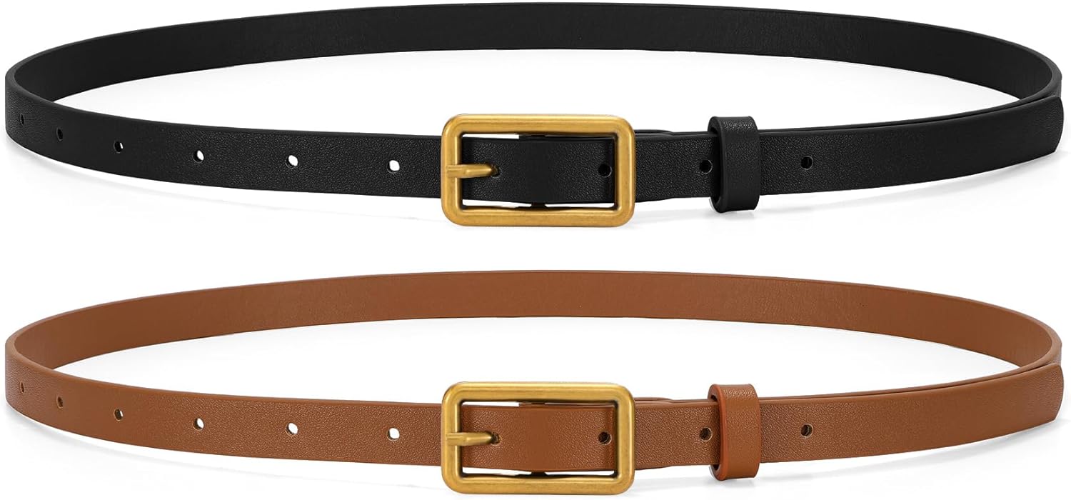 WHIPPY 2 Pack Women Skinny Leather Belts Ladies Thin Waist Belt for Jeans Pants Dresses Rectangle Gold Buckle Black Belt