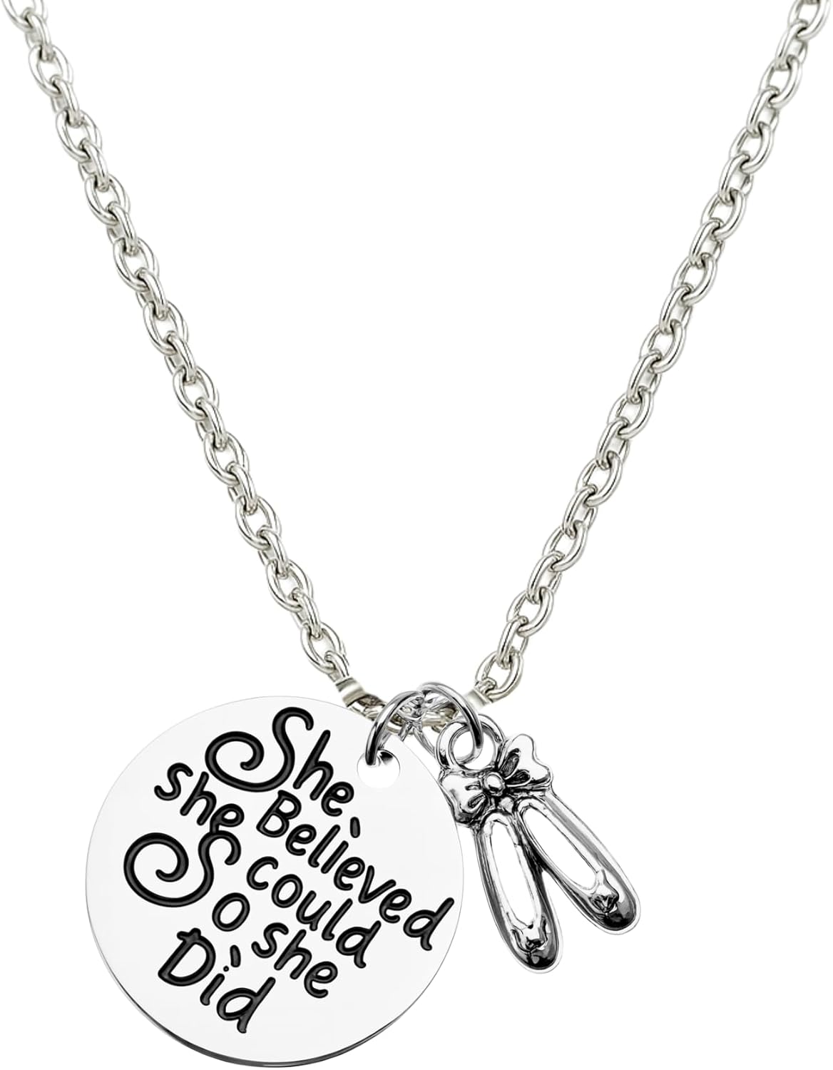 Dance Necklace – She Believed She Could So She Did Pendant with Ballet Slippers, Stainless Steel Jewelry Gift for Recitals, Teams & Instructors