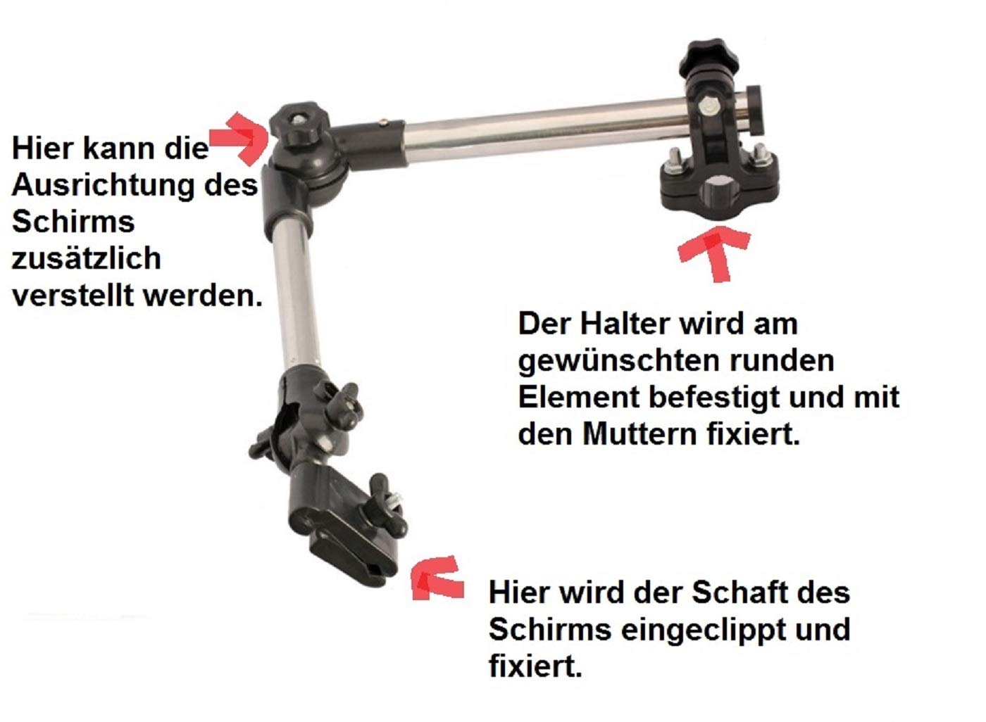 Universal Schirmhalter für Fahrrad/Rollstuhl/Kinderwagen uvm | Auch für Angeln Stuhl / Golf Trolley Cart für RUNDE Elemente bis 2,5cm Durchmesser