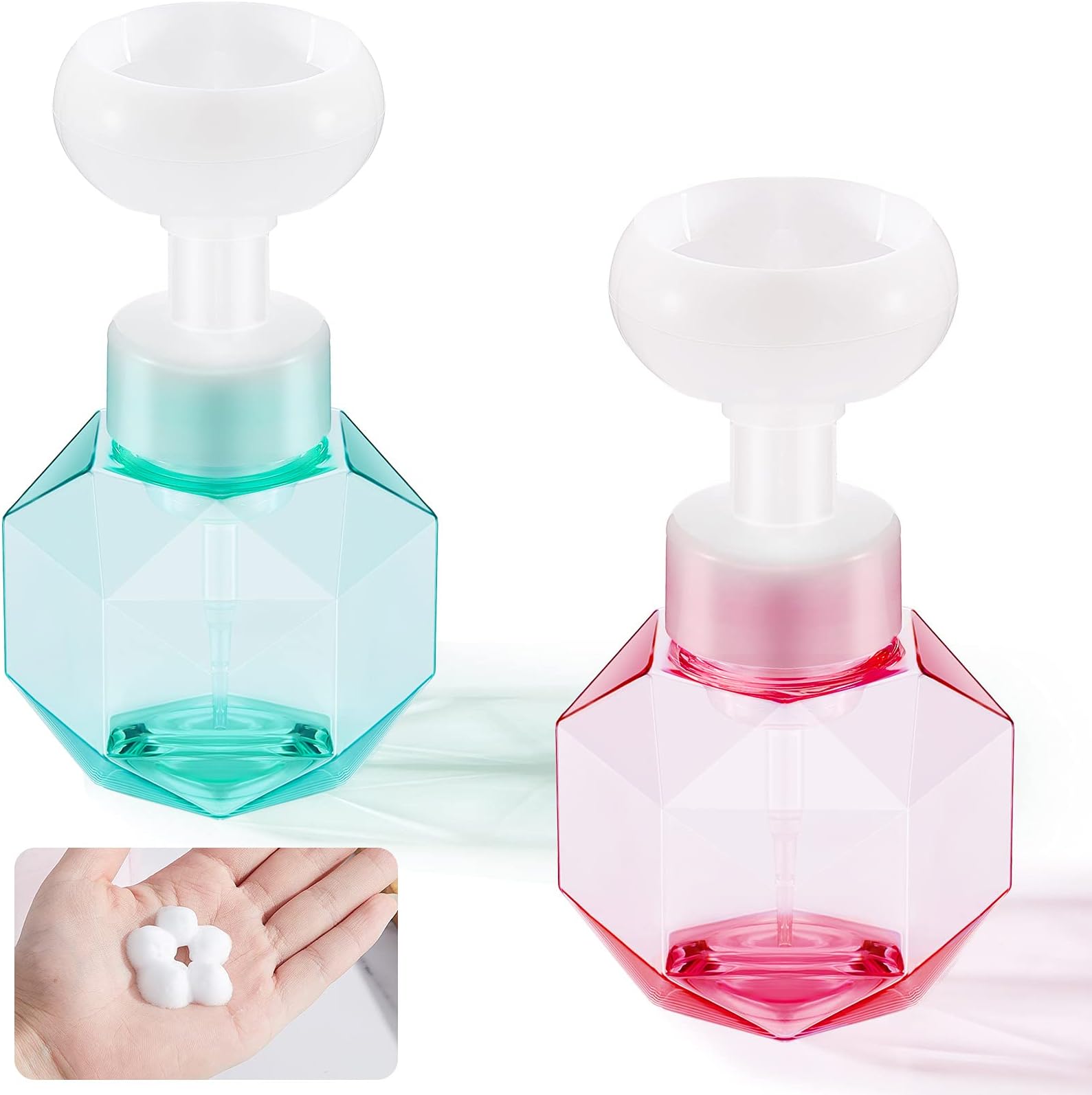 Mumufy 2 Pieces 300ML Flower Shape Foam Bottle Dispenser Flower Shaped Foaming Container Flower Shape Pump Bottle Travel Liquid Soap Dispenser for Travel (Pink, Green)