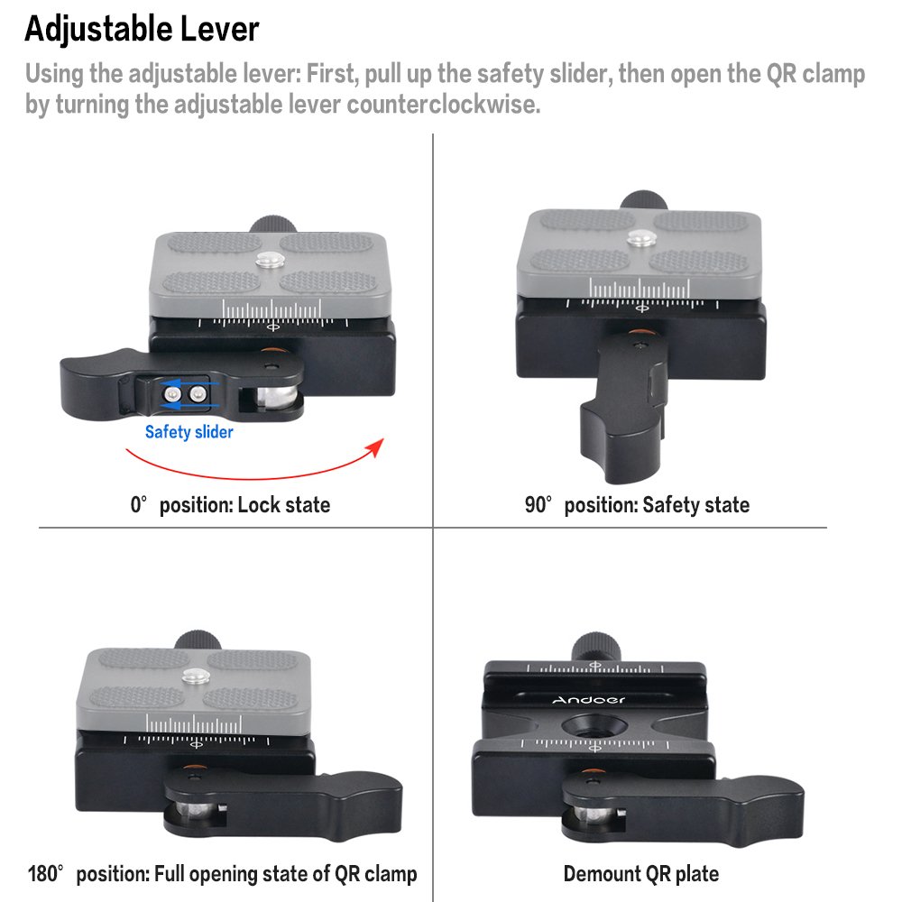 Andoer CL-50LS Quick Release Plate z regulowaną dźwignią przycisk 1/4" i 3/8" otwór na śrubę płyta statywu do Arca Swiss Standard płytka szybkozłączka głowica kulowa statyw