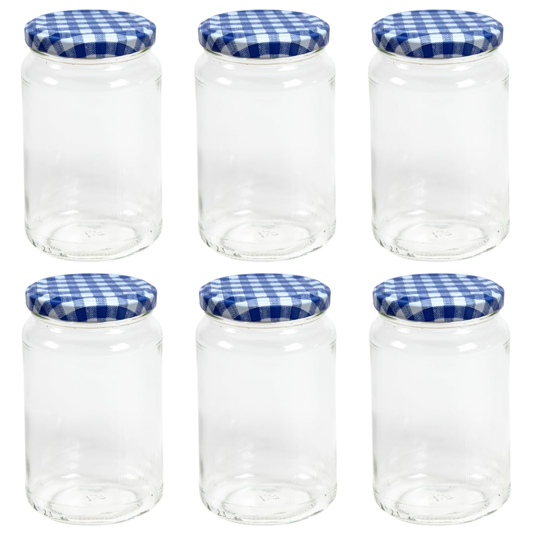 Nutley's Glass Preserve Jars with Blue Gingham Twist-Off Lids, 370ml, Pack of 6, for Jam, Pickles, Chutneys, Sauces, Homemade Preserves