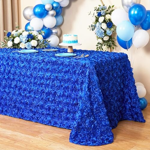 QueenDream 3D Floral Satin Tablecloth Rectangular 90x156 Inches Navy Blue Rosette Tablecloth for Wedding Baby Bridal Shower Events Table Decoration