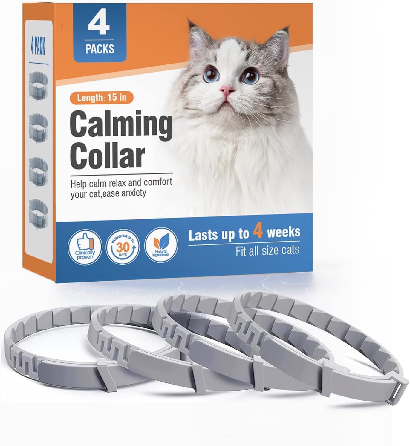 4 Packs Calming Collar for Cats, Pheromone Collar Efficient Relieve Reduce Anxiety Stress Pheromones Calm Relaxing Comfortable Collars Long-Lasting 30 Days Adjustable Breakaway Cat Calming Treats