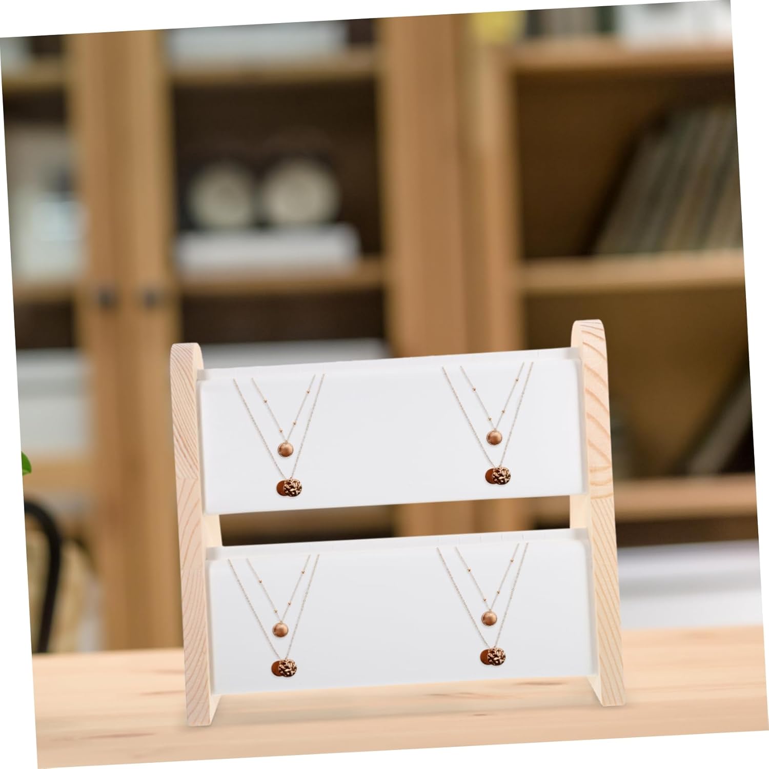 Double Layer Wooden Pendant Display Stand Necklace Holder for Jewelry Organization Home Decor Desktop Rack with Stable Base and Minimalist Design