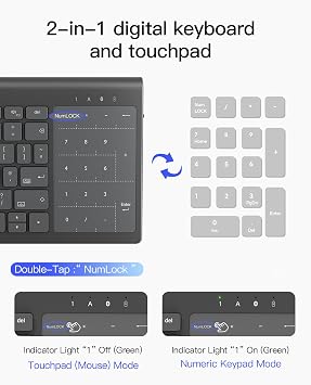 Inateck Tablet Keyboard, 2-in-1 Numeric Keypad & Touchpad, Hidden Stand, 3 Bluetooth Channels, 7-Color Backlight, Compatible with iPadOS/Samsung/Android/Windows