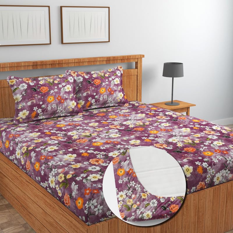 Image of NEW LEAF Cotton Fitted King Size Bedsheets with 2 Pillow Covers | Elastic Fitted | Wrinklefree | Ultrasoft |Winter Bedsheet 220 tc tc Floral | 710x72+10 Inches, Purple