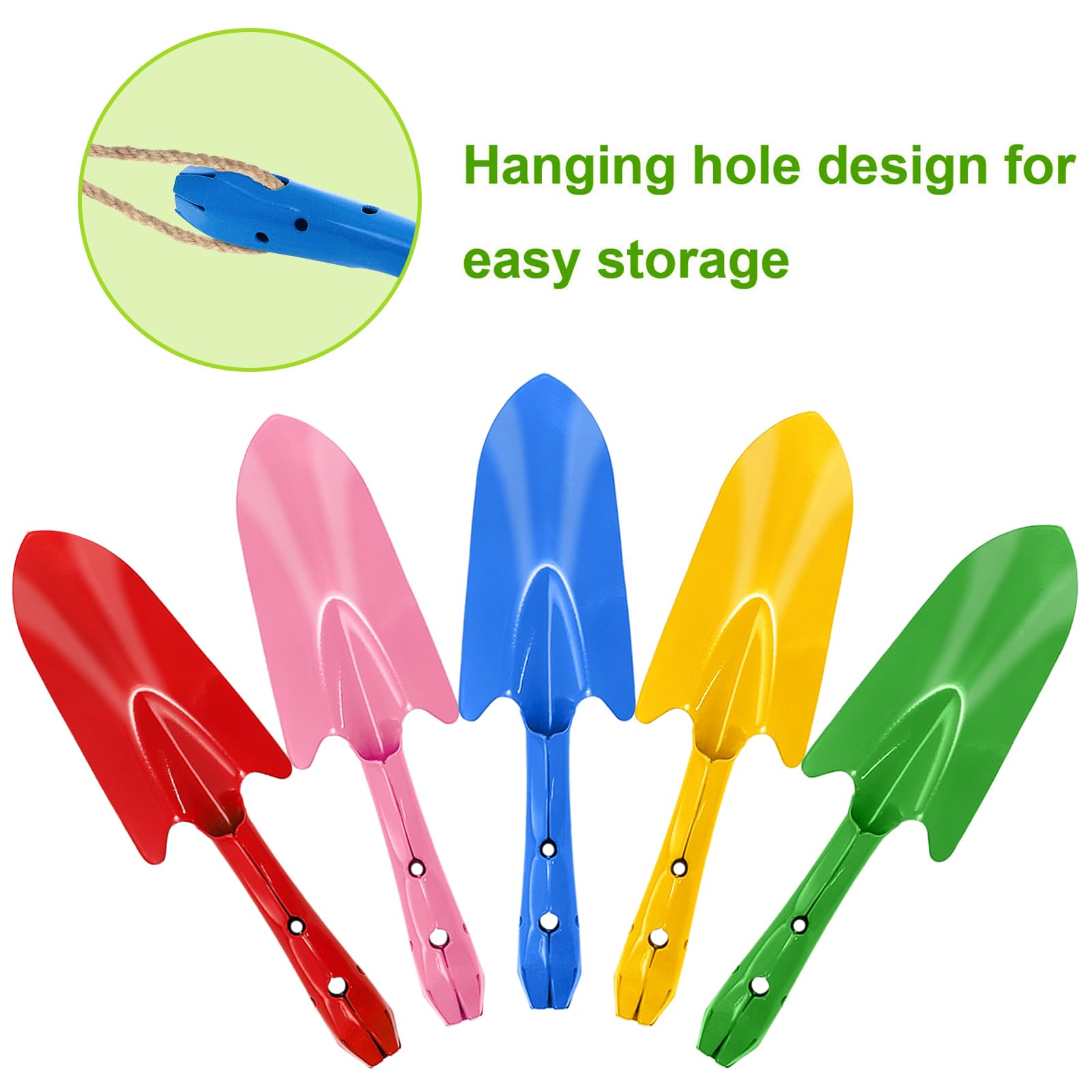 Nicunom Paquete de 10 palas de mano de metal coloridas, juego de paletas de jardín, pequeñas herramientas de mano de jardinería para plantar suelo, excavar y trasplantar, 5 colores