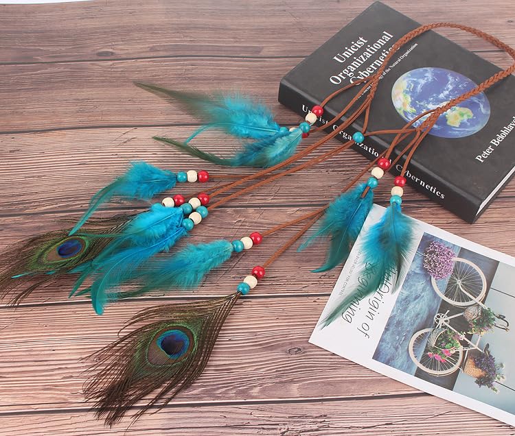 Miniatura 9 de Gangel Diadema de plumas turquesas, diadema de plumas indias hippie con plumas de pavo real, borla, cuerda de cáñamo para festival, diadema de