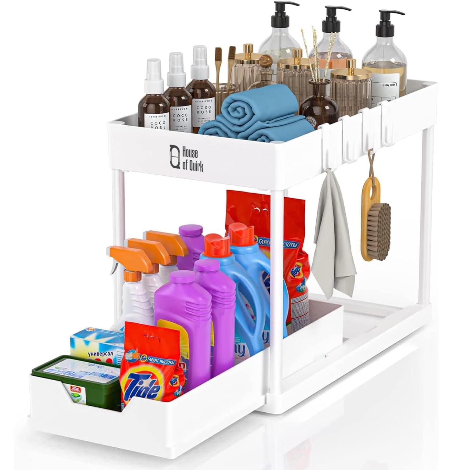 House of Quirk Under Sliding Cabinet Basket Organizer, 2 Tier Storage Under Cabinet Bathroom Under Sink Organizers and Under Sink Storage for Bathroom Kitchen (White)-image-29