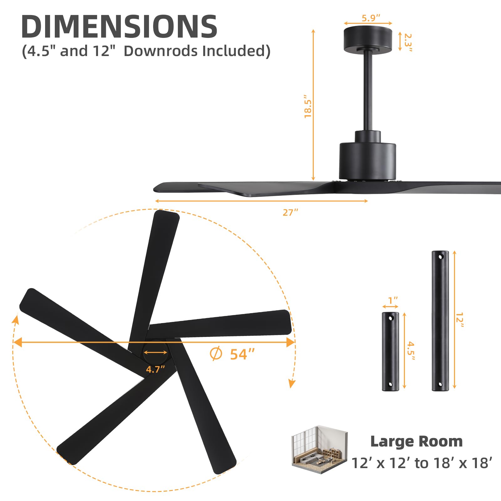 WINGBO 54 ABS DC Ceiling Fan No Light 5 Blade ABS Plastic Ceiling Fan with Remote 6-Speed Reversible — view 3
