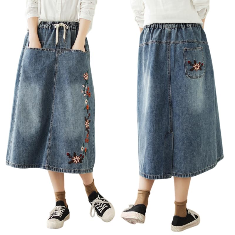Women's Floral Printed Vintage Midi Denim Skirts Elastic High Waist Casual Loose A-Line Long Jean Skirts with Pockets